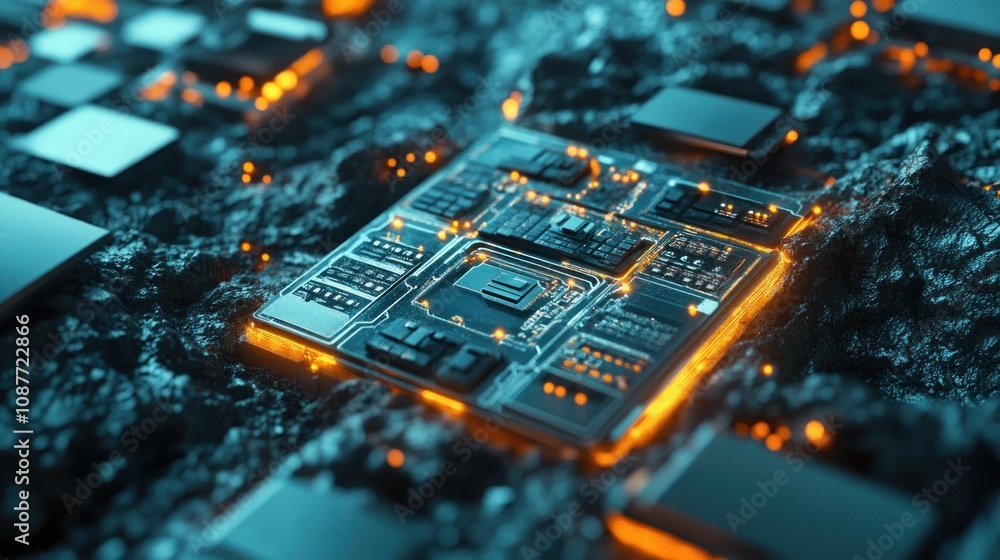 Poster a futuristic circuit board with glowing elements, emphasizing technology.