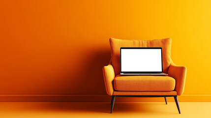 Bright yellow modern chair with a tablet on the seat, set against a vibrant orange wall. An eye-catching mockup concept with copy space for design ideas.