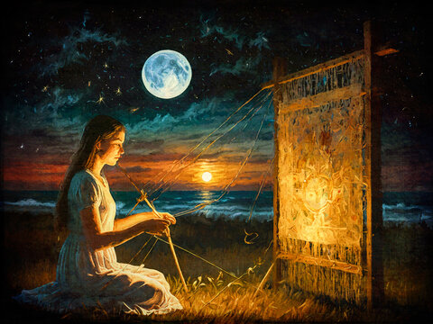 Eine Frau webt unter dem klaren Nachthimmel am Strand, w&auml;hrend der Mond und die Sonne gleichzeitig scheinen