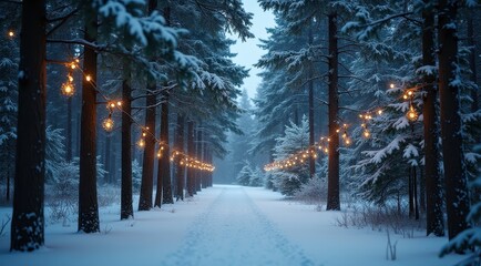 A serene snowy path lined with trees wrapped in warm glowing string lights, creating a festive atmosphere