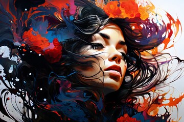 Fototapeta premium Striking image of a womans face highlighted by vivid hues and flowing forms. Evokes feelings of passion and inspiration, ideal for marketing, branding, and creative endeavors.