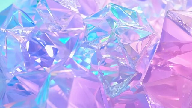 Abstract holographic crystal shapes in motion on iridiscent violet background