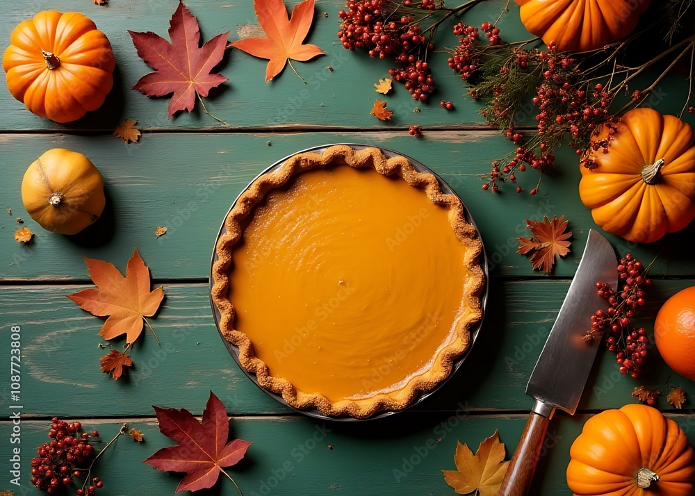 Aufkleber a flat lay of thanksgiving elements including a pumpkin pie and fruits on a distressed green wooden 