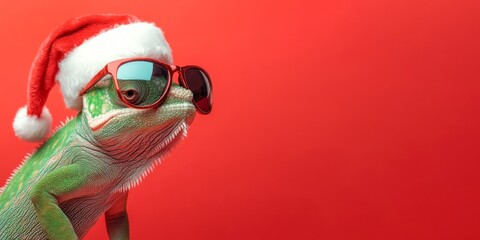 Merry Christmas concept holiday vacation winter animal pet greeting card - Cool santa claus chameleon reptile with sunglasses and santa hat, isolated on red background