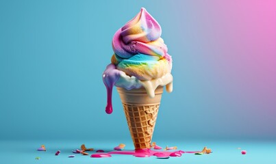 Full melting colorful ice cream cone on blue background, Generative AI