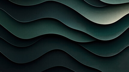 Abstract dark green layered waves pattern with gradient lighting and textured surface creating a smooth, flowing appearance for modern background design