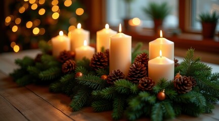 Elegant white candles and pine cones create a cozy holiday centerpiece on a wooden table with a soft holiday light bokeh in the background