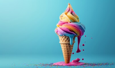 Full melting colorful ice cream cone on blue background, Generative AI