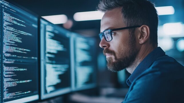 Coding session in a modern office technology digital workspace professional environment close-up viewpoint for enhanced engagement