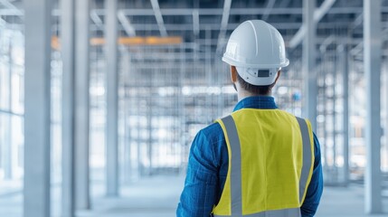 Construction worker inspecting site urban construction area professional photography industrial environment back view safety concept
