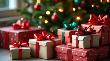 Beautifully wrapped gifts with red and green bows are nestled under a glowing Christmas tree with ornaments and twinkling lights in the background