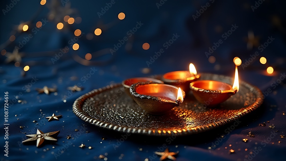 Poster a luxurious diwali setting features a dark navy blue base with intricate gold star patterns and subt