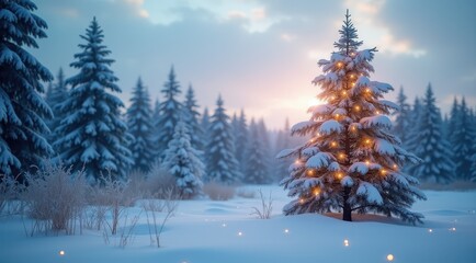 Fototapeta premium A glowing Christmas tree covered with snow in a tranquil winter forest under soft evening light