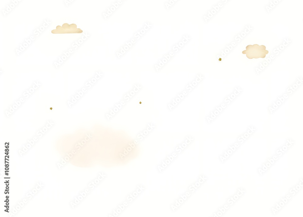 Poster a minimalist design featuring a white background with beige watercolor clouds and small gold glitter