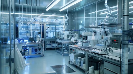 Fototapeta premium A cleanroom laboratory with precise measuring instruments, chemical reactions being monitored, and data being recorded meticulously.