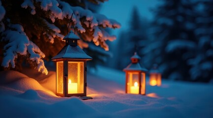 Snow-covered lanterns glow warmly in a serene winter forest, creating a peaceful evening ambiance