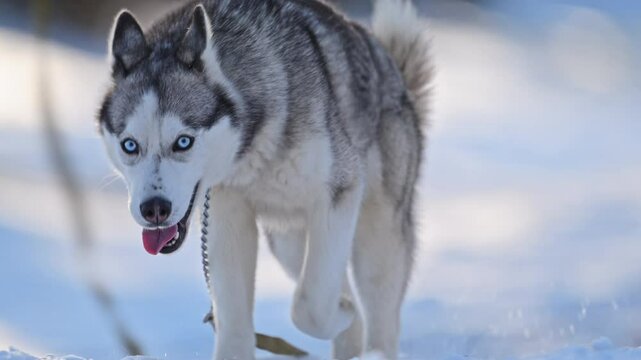 Husky on snowy day, misty breath in 4K slow-mo, captivating blue eyes.