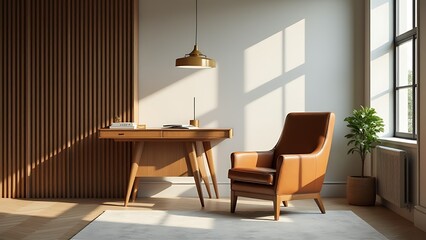 A modern studio features a leather chair amidst natural light and wooden slats, showcasing a premium workspace with classic panel accents.