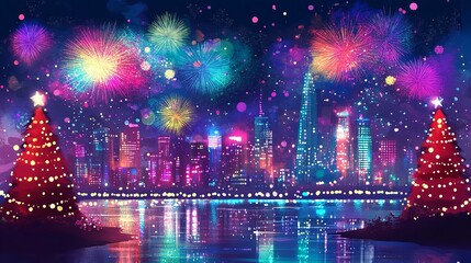 Spectacular Christmas fireworks light up the city skyline and river, filling the sky with vibrant colors and a festive, celebratory ambiance.