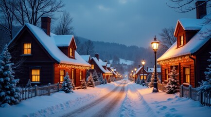 Quaint snow-covered village street decorated with holiday lights during a winter evening