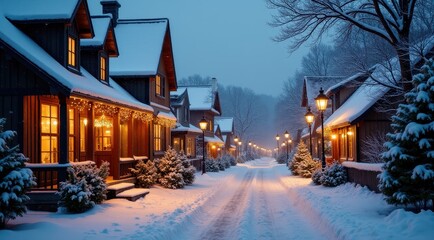 Fototapeta premium Quaint snow-covered village street decorated with holiday lights during a winter evening