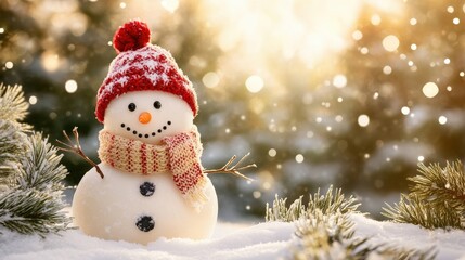 Obraz premium Cheerful Snowman with Red Hat and Scarf in Snowy Forest