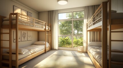 Bright and airy children's bedroom with bunk beds and large windows.