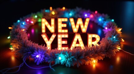 Festive New Year's LED sign surrounded by a colorful wreath of vibrant string lights on a dark wooden table, creating a warm holiday atmosphere