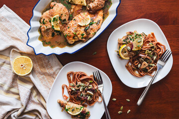autumn recipe Thanksgiving turkey stew with lemons and pumpkin pasta