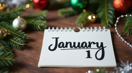 New year calendar with January 1 date surrounded by Christmas decorations and festive bokeh lights