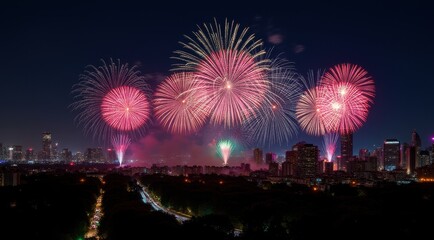Fototapeta premium Bright red and gold fireworks illuminate the night sky over a cityscape, celebrating the New Year