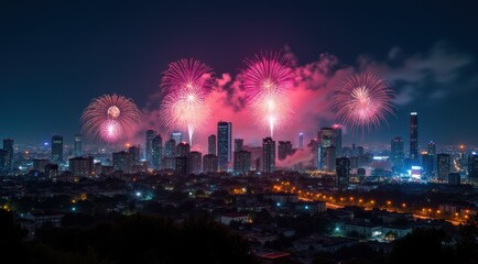 Fototapeta premium Bright red and gold fireworks illuminate the night sky over a cityscape, celebrating the New Year