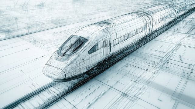 Realistic hologram of train construction drawing in space with black lines on a white background, captured using Canon R6 and 50mm lens