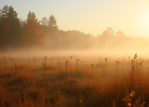 A serene meadow on a misty autumn morning, with golden and russet hues set against a peaceful backdrop.