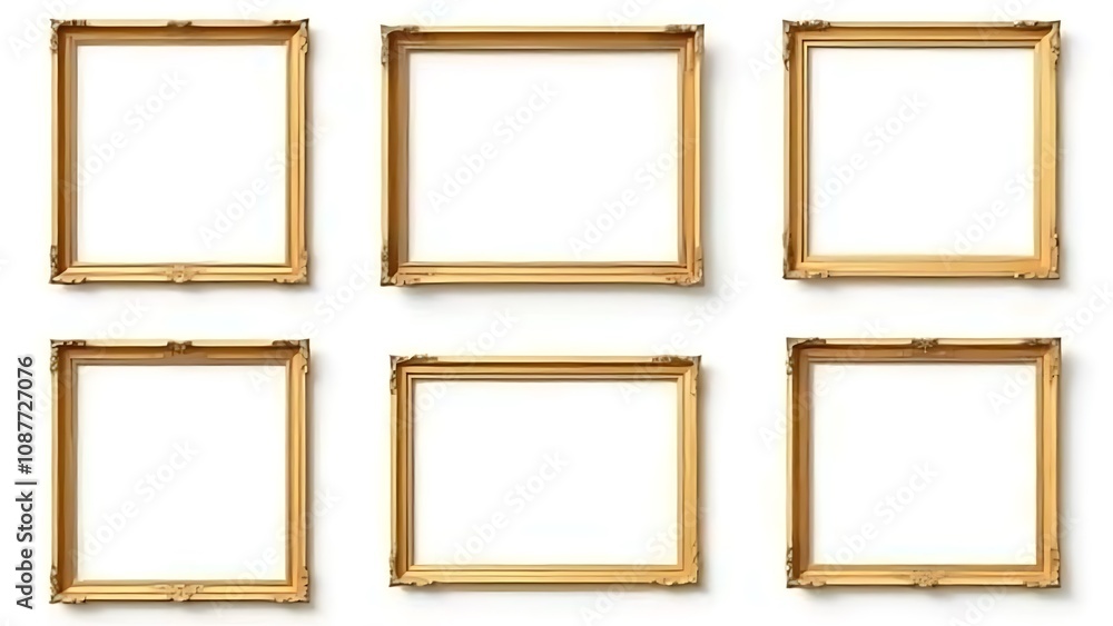 Poster A set of vintage wooden photo frames in a realistic antique style with golden borders and a plain white background for image display concepts.