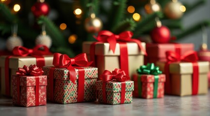 Colorful Christmas presents wrapped in festive paper and ribbons are arranged under a decorated Christmas tree, creating a joyful holiday atmosphere
