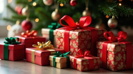 Festive Christmas gifts with elegant bows under a decorated tree, capturing holiday cheer and anticipation