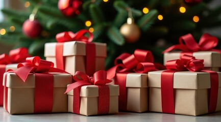 Obraz premium Christmas presents adorned with red ribbons are beautifully arranged in front of a festive holiday tree, glowing warmly with lights and ornaments