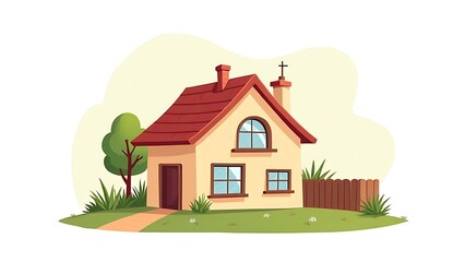 Fototapeta premium A simple vector illustration of a cozy home with a garden and roof, in a cute cartoon style, isolated on a white background.