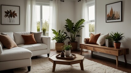 Bright, airy living room with white sectional sofa, wooden coffee table, plants, and artwork.