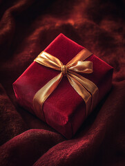 A square, red velvet gift box adorned with a gold ribbon sits on a dark red, textured surface