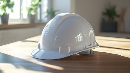 White safety helmet placed on a wooden table