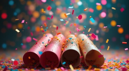 Obraz premium Exploding party poppers release vibrant confetti, creating a colorful and festive celebration against a blurred background