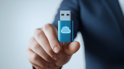 Consultant showcasing usb drive for data storage and cloud computing solutions