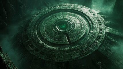 Mysterious circular structure resting on the ground in a foggy, green-lit environment, suggesting an ancient alien origin, at twilight. Generative AI