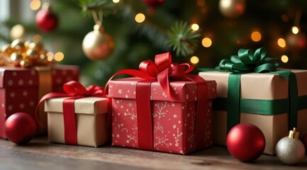Festive Christmas gifts wrapped in vibrant red and green ribbons sit beneath a sparkling tree adorned with twinkling lights and ornaments