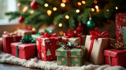 Festive Christmas gifts with colorful ribbons sit under a beautifully lit tree adorned with sparkling ornaments