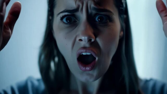 Shocked Woman with Hands on Head Expressing Fear and Surprise