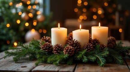 Elegant holiday candles surrounded by pinecones and evergreen branches, creating a warm and festive ambiance with blurred glowing lights in the background