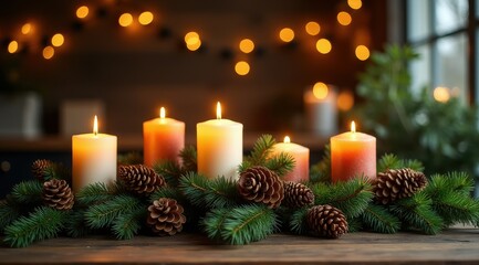 Warm candlelight glows on a festive evergreen arrangement with pinecones, creating a cozy holiday ambiance